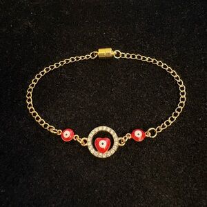 Round rhinestone heart evil eye gold bracelet with Red Evil Eye charms